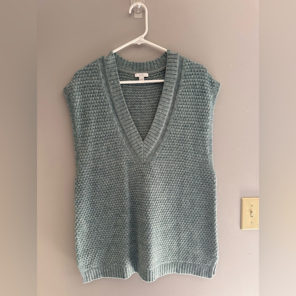 J Jill Womens Blue Cable Knit Sweater Vest SZ SM V Neck Slit Hem Layering Preppy